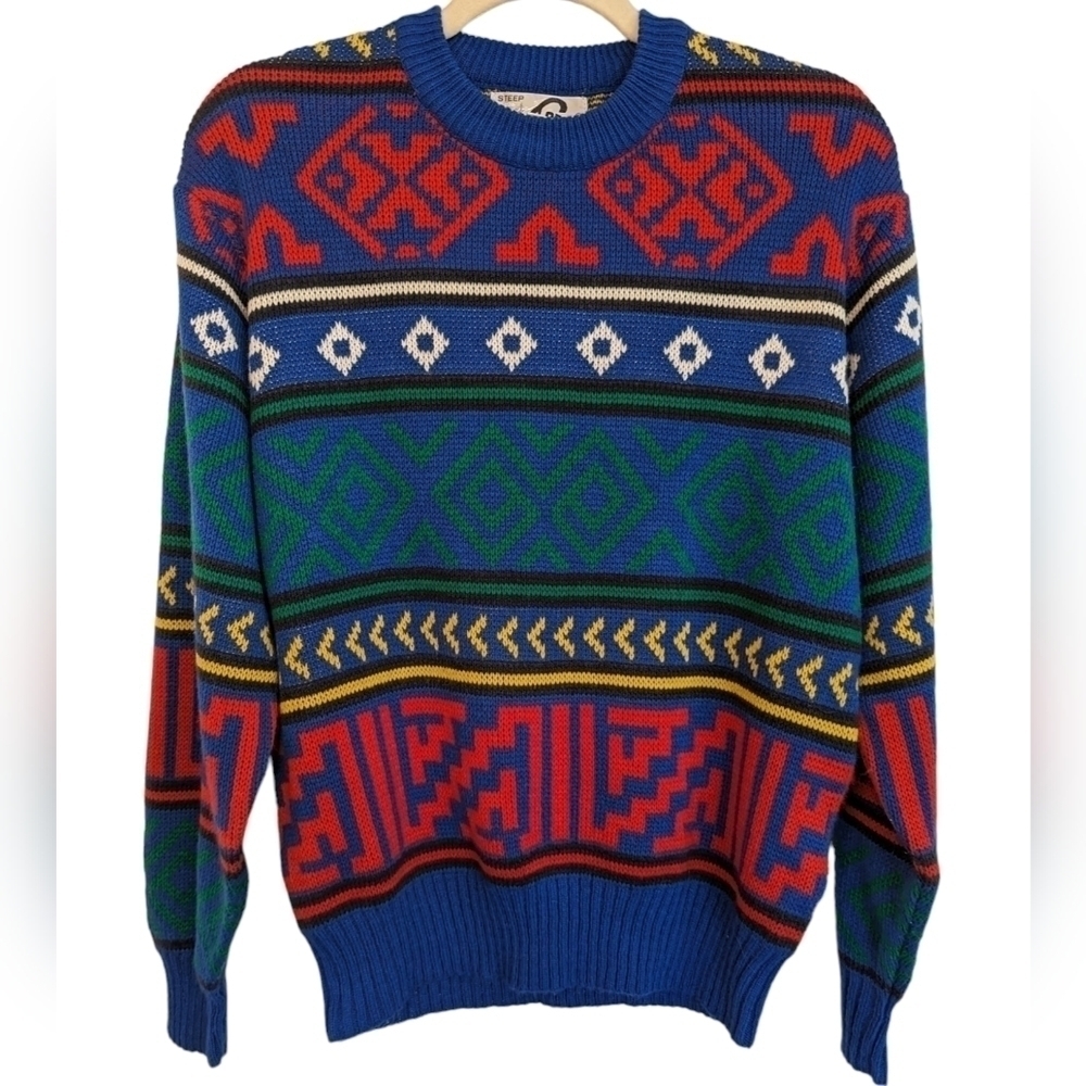 Vintage 90s Nordic Geometric Ski Sweater Blue Colorful Cabin Grandpa Knit S - Picture 2 of 8